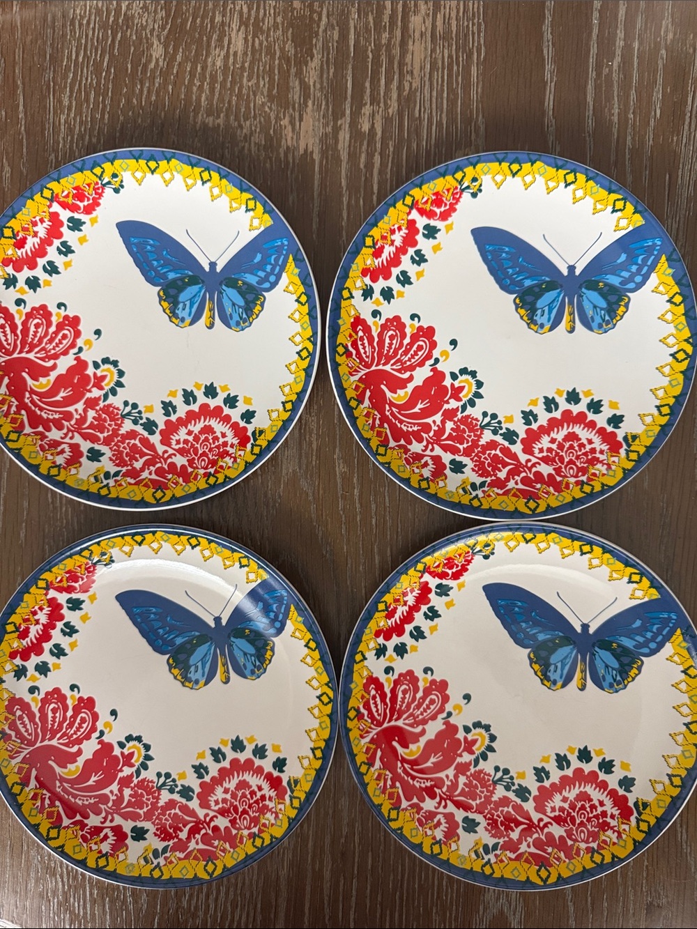 Tag Butterfly Floral Ceramic White Dessert Plates with Blue, Red, Yellow Prints - Picture 1 of 7